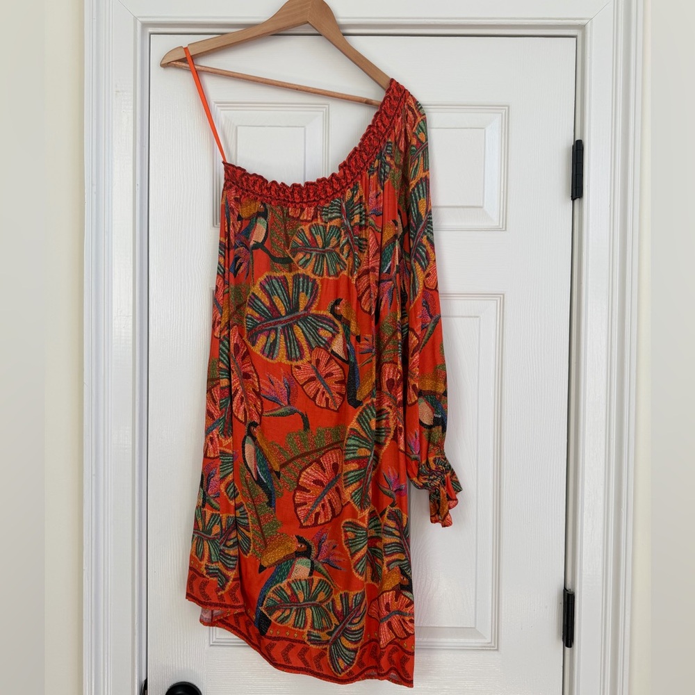 FARM Rio Orange Tropical One-Shoulder Dress with Leaf Print